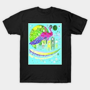 Peacocks Around Town Abstract Surreal Psychedelic Print T-Shirt